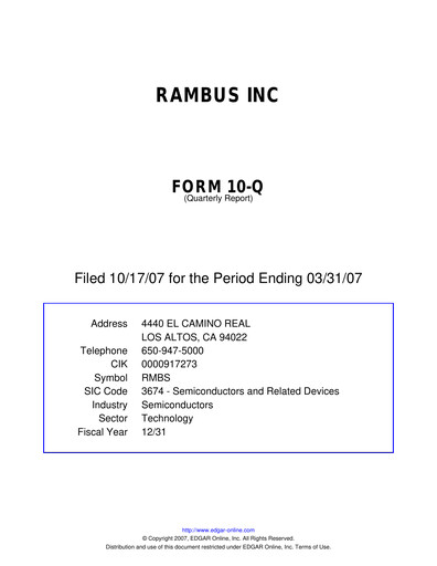 Thumbnail Rambus Quarterly Report 2007-q1