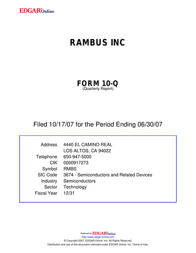 Thumbnail Rambus Quarterly Report 2007-q2