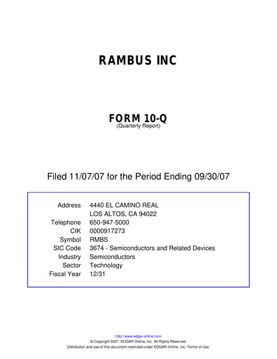 Thumbnail Rambus Quarterly Report 2007-q3