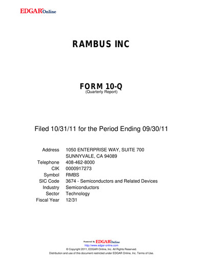 Thumbnail Rambus Quarterly Report 2011-q3