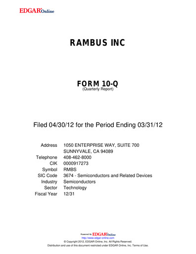 Thumbnail Rambus Quarterly Report 2012-q1