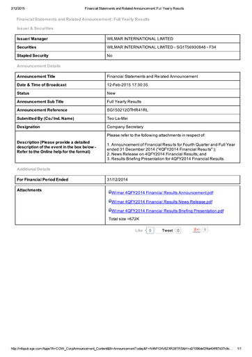 Thumbnail Wilmar International Financial Statement 2014
