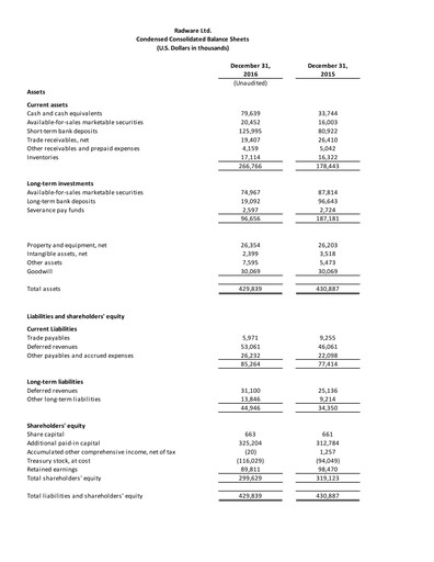 Thumbnail Radware Financial Statement 2016