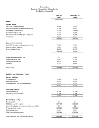 Thumbnail Radware Financial Statement 2017-q2