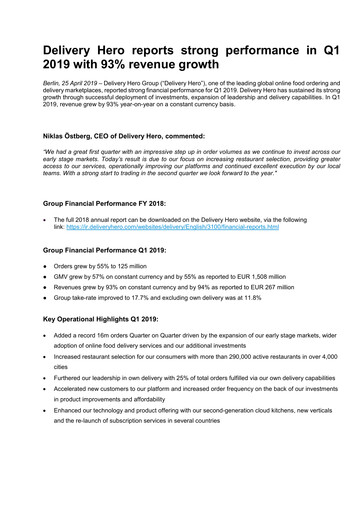 Thumbnail Delivery Hero
 Quarterly Report 2019-q1