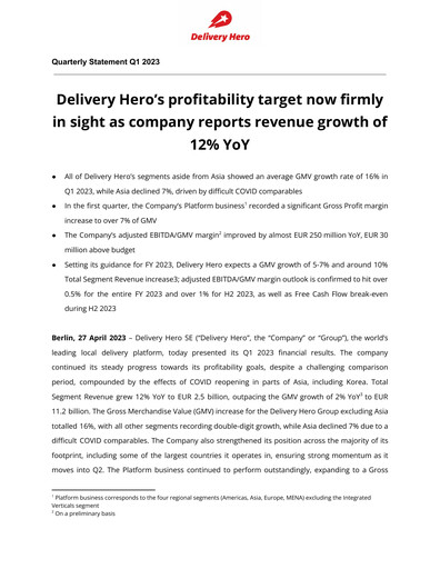 Vorschaubild Delivery Hero
 Quartalsbericht 2023-q1