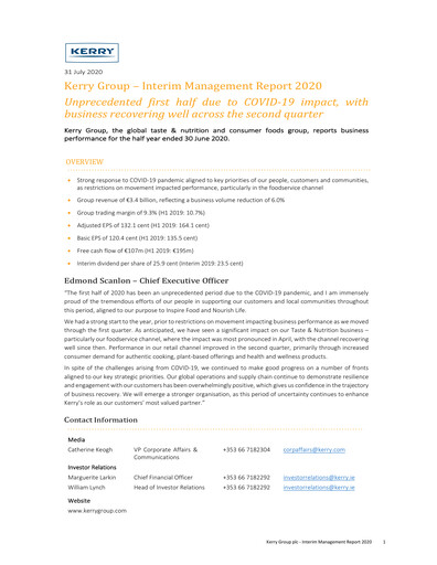 Thumbnail Kerry Group Half-year Report 2020-h1