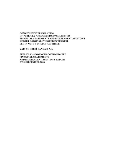 Miniature Yapı Kredi
 Bilan financier 2006