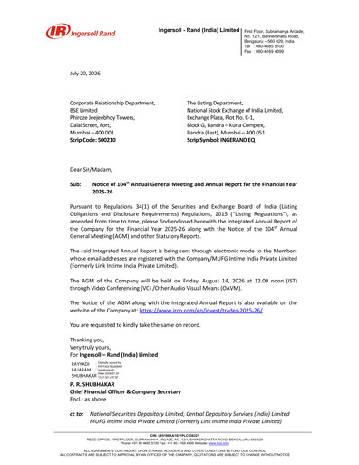 Miniature Ingersoll Rand India Rapport annuel 2025-2026