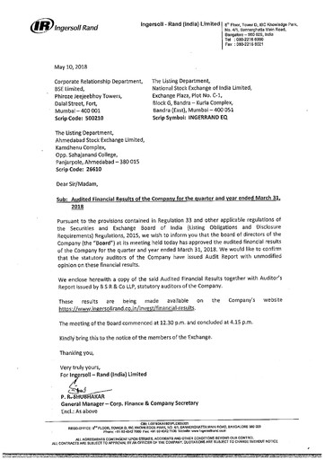 Miniature Ingersoll Rand India Bilan financier 2017-2018