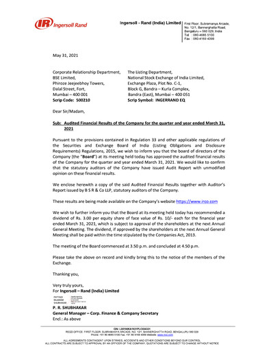 Miniature Ingersoll Rand India Bilan financier 2020-2021