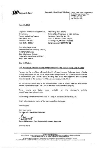 Miniature Ingersoll Rand India Rapport trimestriel 2018-q1