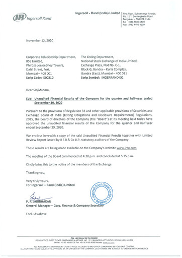Miniature Ingersoll Rand India Rapport trimestriel 2020-q2