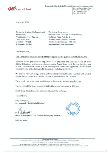 Miniature Ingersoll Rand India Rapport trimestriel 2021-q1