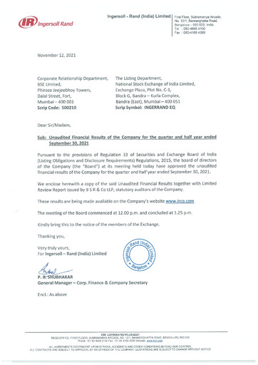 Miniature Ingersoll Rand India Rapport trimestriel 2021-q2