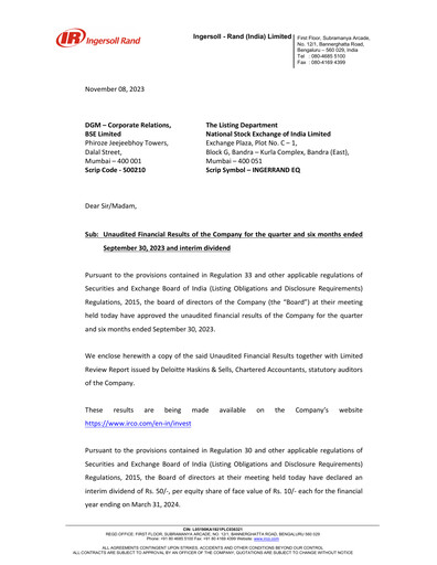 Miniature Ingersoll Rand India Rapport trimestriel 2023-q2