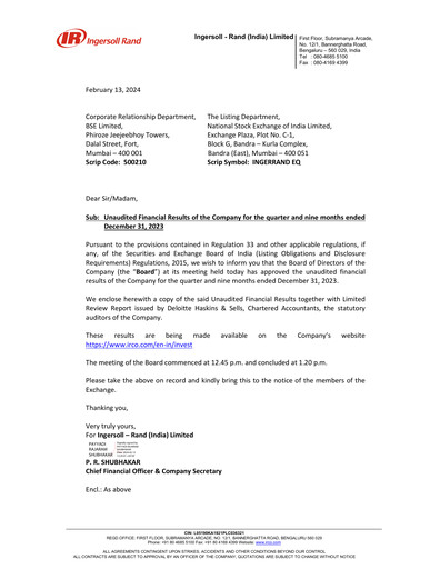 Miniature Ingersoll Rand India Rapport trimestriel 2023-q3