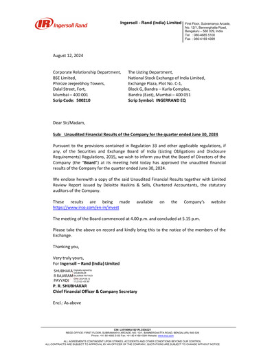 Miniature Ingersoll Rand India Rapport trimestriel 2024-q1