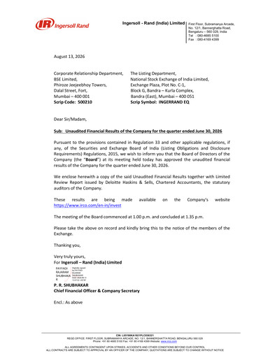 Miniature Ingersoll Rand India Rapport trimestriel 2026-q1