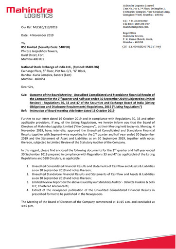 Thumbnail Mahindra Logistics
 Quarterly Report 2019-q2