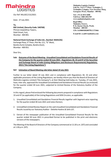 Thumbnail Mahindra Logistics
 Quarterly Report 2021-q1