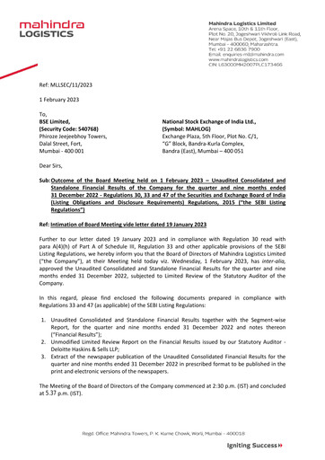 Thumbnail Mahindra Logistics
 Quarterly Report 2022-q3