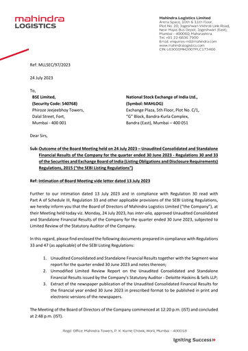 Thumbnail Mahindra Logistics
 Quarterly Report 2023-q1
