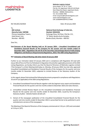 Thumbnail Mahindra Logistics
 Quarterly Report 2023-q3