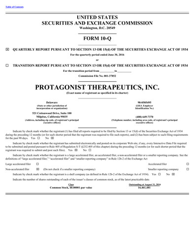 Vorschaubild Protagonist Therapeutics
 Quartalsbericht 2016-q2