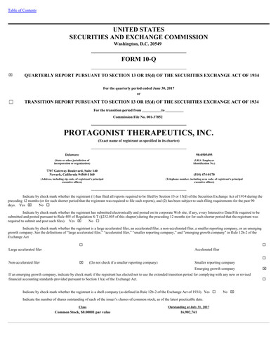 Vorschaubild Protagonist Therapeutics
 Quartalsbericht 2017-q2