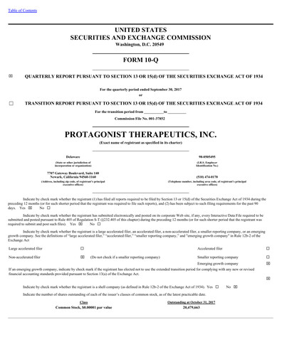 Vorschaubild Protagonist Therapeutics
 Quartalsbericht 2017-q3