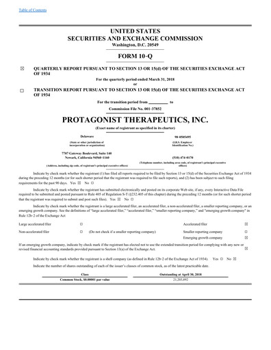 Vorschaubild Protagonist Therapeutics
 Quartalsbericht 2018-q1