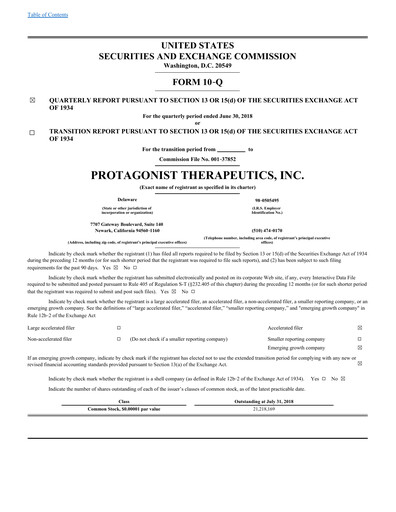 Vorschaubild Protagonist Therapeutics
 Quartalsbericht 2018-q2