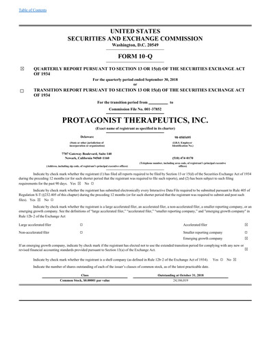 Vorschaubild Protagonist Therapeutics
 Quartalsbericht 2018-q3