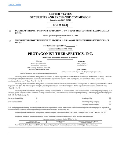 Vorschaubild Protagonist Therapeutics
 Quartalsbericht 2019-q1