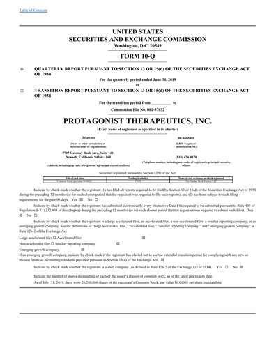 Vorschaubild Protagonist Therapeutics
 Quartalsbericht 2019-q2