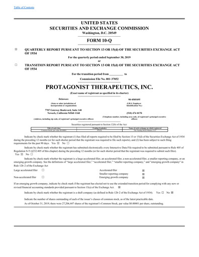 Vorschaubild Protagonist Therapeutics
 Quartalsbericht 2019-q3