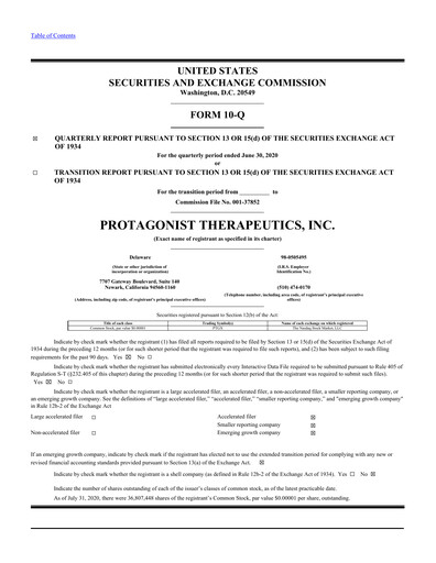 Vorschaubild Protagonist Therapeutics
 Quartalsbericht 2020-q2
