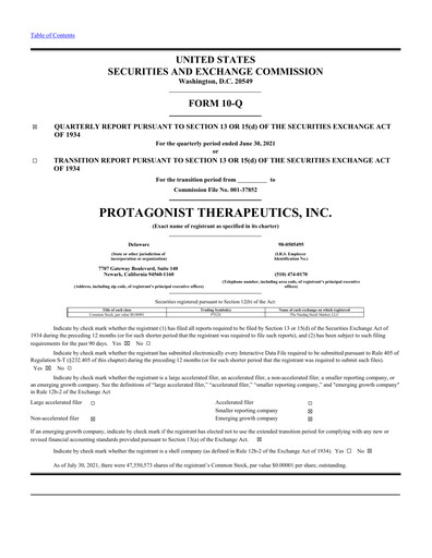 Vorschaubild Protagonist Therapeutics
 Quartalsbericht 2021-q2
