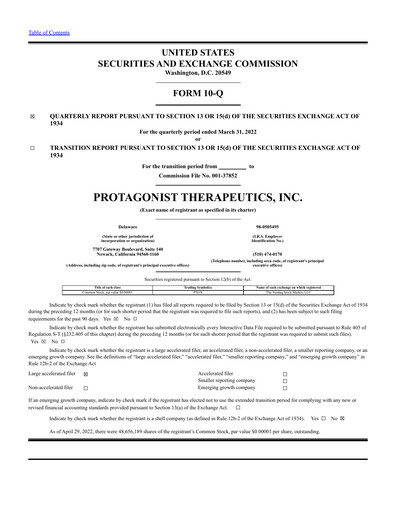 Vorschaubild Protagonist Therapeutics
 Quartalsbericht 2022-q1