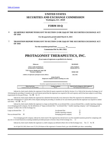 Vorschaubild Protagonist Therapeutics
 Quartalsbericht 2023-q1