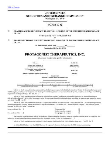 Vorschaubild Protagonist Therapeutics
 Quartalsbericht 2023-q2