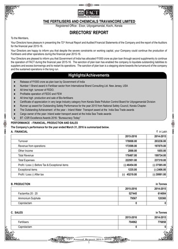 Thumbnail The Fertilisers And Chemicals Travancore Limited Annual Report 2015-2016