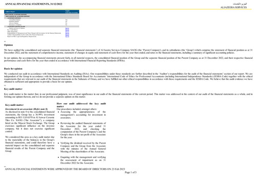Thumbnail Al Jazeira Services Co. SAOG Financial Statement 2022