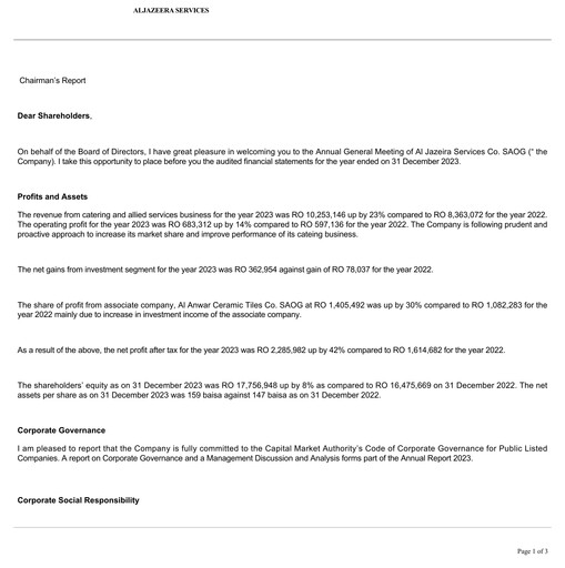 Thumbnail Al Jazeira Services Co. SAOG Financial Statement 2023