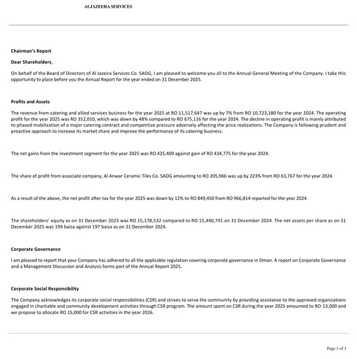 Thumbnail Al Jazeira Services Co. SAOG Financial Statement 2025