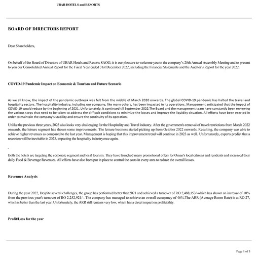 Thumbnail UBAR Hotels & Resorts SAOG Financial Statement 2022