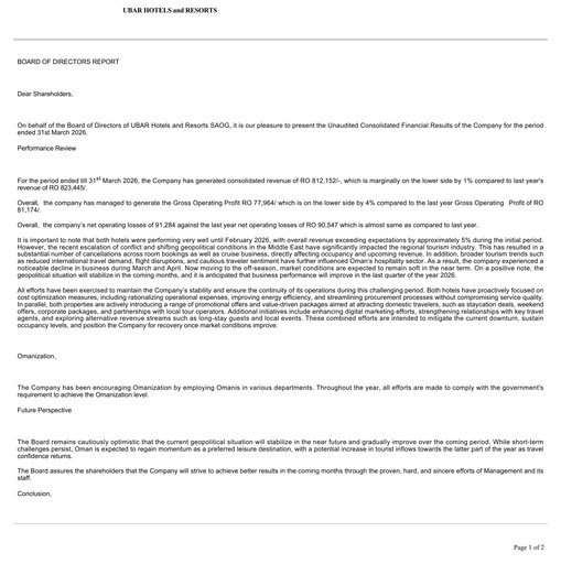 Thumbnail UBAR Hotels & Resorts SAOG Quarterly Report 2026-q1