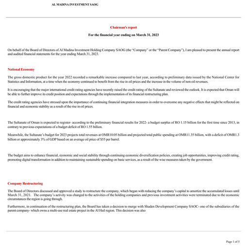 Thumbnail Al Madina Investment Holding Co. SAOG Annual Report 2022-2023