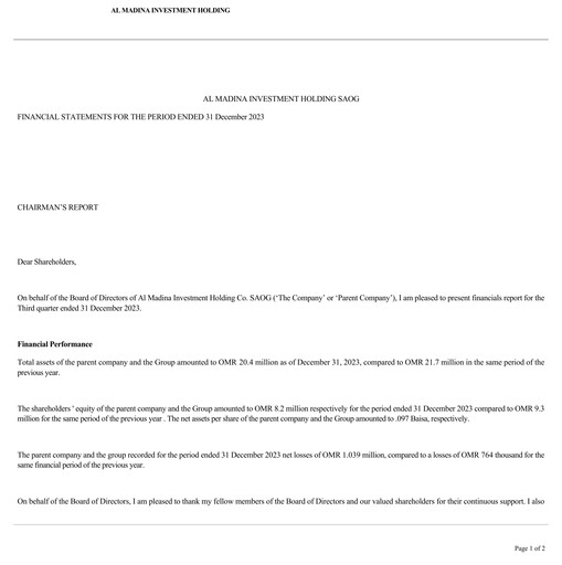 Thumbnail Al Madina Investment Holding Co. SAOG Quarterly Report 2023-q3